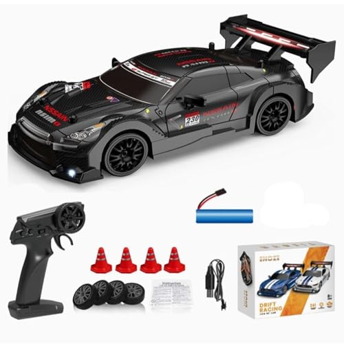 Image of High Speed RC Drift Car 20 KM /Hr 1:24 Scale 4WD Remote Control Racing Vehicle with LED Lights, Drift Wheels, Rechargeable Battery & Track Cones for Kids & Adults (Black)