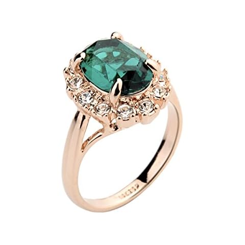 Rose Gold Plated Oval Shaped Ring with Emerald Green Swarovski element Crystal and Clear Round Shaped Cubic Zirconia Fashion Jewelry for Women (6) Cover