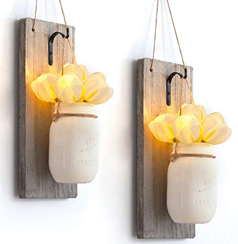 HOMESEASONS Rustic Home Decor, Set of 2 Mason Jar Sconces, Hanging Mason Jar Sconce, Mason Jar Decor, Wall Sconce,Wall Decor, Mason Jar Sconce with Tulips (Set of 2) (White)