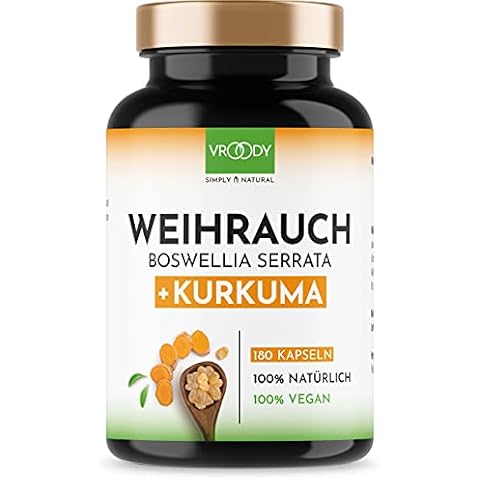 VROODY Weihrauchkapseln hochdosiert Boswellia Serrata 2000mg Tagesdosis - 180 Stück | 85% Boswelliasäure | PLUS 125mg CURCUMA | 95% Curcuminoide | vegan & ohne Zusätze Cover