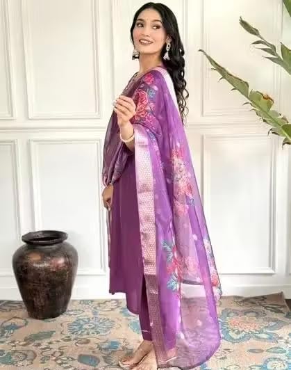 Image of Women's Chanderi Silk Kurti with Rayon Slub Pants & Dupatta | Printed Three-Quarter Sleeve Ethnic Set 6 Purple