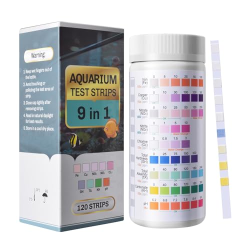 PYPABL Bandelettes de Test pour Aquarium 9 en 1, 120 Bandes Kit de Test d’Eau d’Aquarium, Rapide et Précis pour Aquariums d’Eau Douce et de Mer, détecte Fe CU NO₃ NO₂ Cl₂ GH TA KH pH