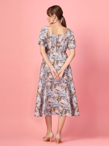 Image of OOMPH! Below Knee Shift Pink Dress in Crepe Fabric with Round Neck and Puff Sleeves - md619l
