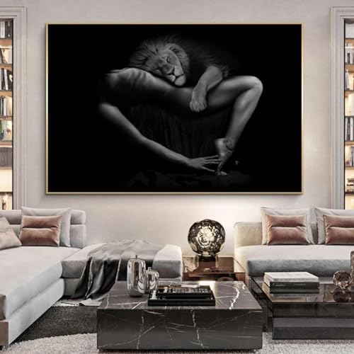 Peinture toile art abstrait noir et blanc de femmes et lions poster mural 70x100 cm