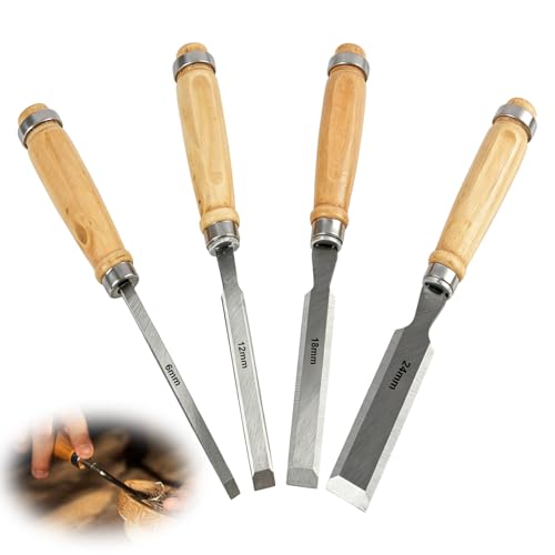 4 Pièces Jeu de Ciseaux Travail du Bois 6, 12, 19, 24mm, Outil de Burin pour Menuiserie, Burins à Bois avec Capuchon de Frappe, Ciseau Au Manche En Bois, En Acier Outils Pour Le Travail Du Bois