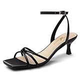 Athlefit Black Kitten Heels for Women Square Open Toe Strappy Low Heels Comfortable Dressy Ankle Strap Sandals Size 8