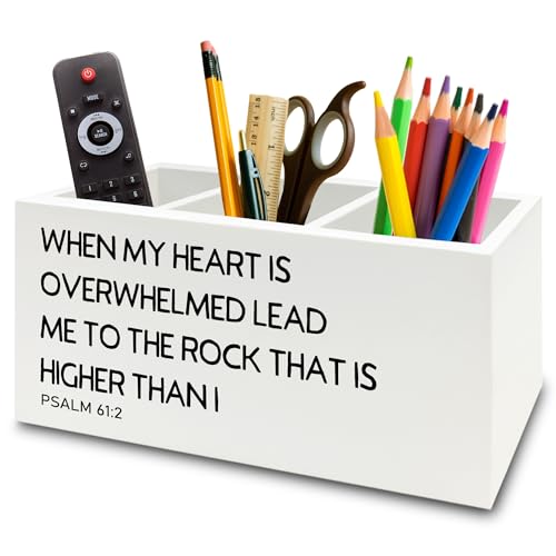 XPH Christian Pen Pencil Holder Organizer for Desk, Christian Gifts for Women Men, Religious Psalm 61:2 Bible Verse Scripture Wooden Box Sign for Home Office Desk Tabletop Decorations