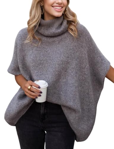 Image of Ynhonra Womens Turtleneck Sweater Oversized Chunky Batwing Sleeve Short Tops | Dolman Pullover