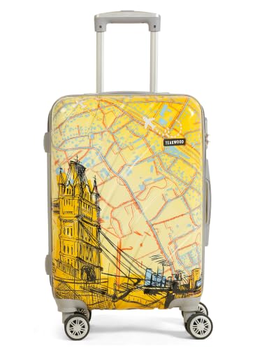 Image of Teakwood Premium Polypropylene Hard Case Printed Trolley Bag, Lightweight Unbreakable Luggage, 360 Dual Spinner Wheels, Side Combination Lock, Smooth Glide, Yellow, Small