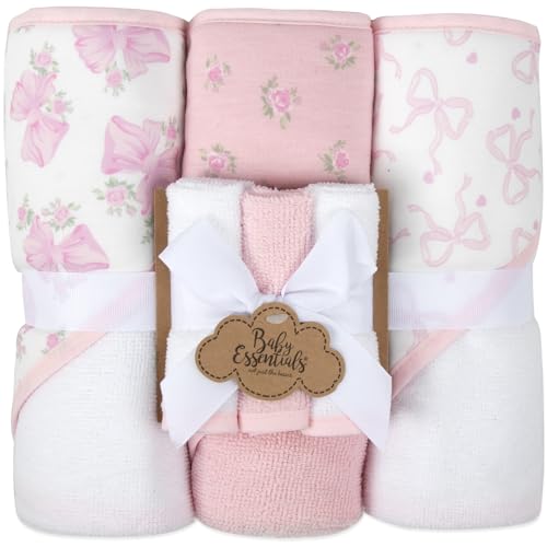 Image of Hooded Baby Bath Towel and Washcloth 6 Piece Set for Newborns, Infants & Toddlers, Boys & Girls Baby Hooded Towels Set (Pink Bows and Flowers)