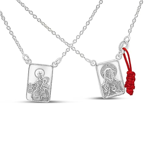 14k Gold Plated Scapular Necklace with Red Cord - Corazon Sagrado (Sacred Heart of Jesus) and Virgin Mary Medals - 24 Inch