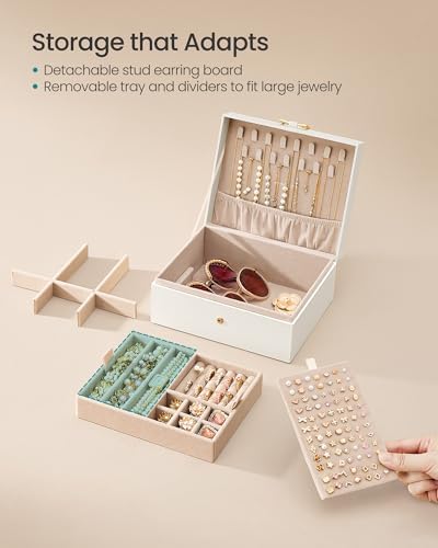 SONGMICS 2-Layer Jewelry Box Organizer, Jewelry Storage Case with Removable Tray and Handle, for Necklaces, Earrings, Rings, Bracelets, 6.7 x 8.1 x 3.7 Inches, Gift Idea, Cream White UJBC208WD01 — view 3