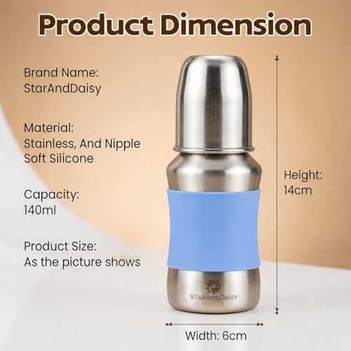Image of StarAndDaisy Baby Milk Bottle for new Born /Infant /Toddler 140 ML SUS 304 Steel Baby Feeding Bottle for 0+ Months, BPA Free Leakproof, Anti Colic, Easy to Clean -Blue
