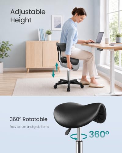 Image of SONGMICS Ergonomic Saddle Stool with Backrest and Wheels | Height Adjustable Salon Stool, 360 Swivel Beauty Chair, PU Leather, Ink Black, ACTIVO Collection UOSC015B101