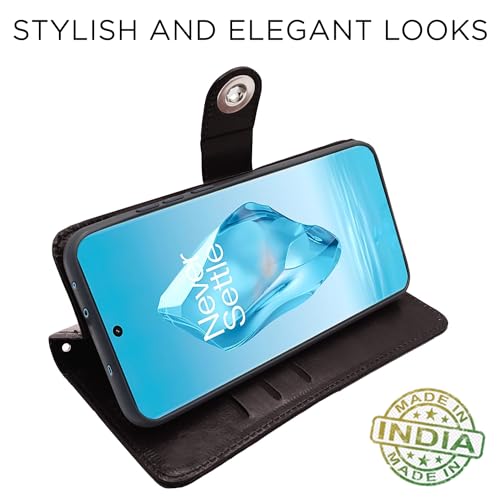 Image of Pikkme OnePlus 12R 5G Flip Cover Leather Finish | Inside TPU with Card Pockets | Wallet Stand and Shock Proof | Complete Protection Button Flip Case (Coffee)