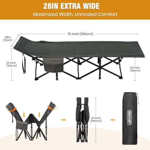 OVERMONT Klappbar Feldbett Faltbar Campingbett - Camping Bett 190 x 71 x 36 cm - bis 250kg Belastbar - 2400D Oxfordgewebe mit Seitentasche Tragetasche für Camping Garten Büro Schwarz Grau