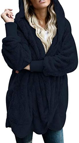 Dokotoo Womens Casual Cozy Warm Loose Solid Ladies Fuzzy Winter Fall Open Front Long Sleeve Fleece Pocket Hooded Cardigan Sweaters Jackets Coats Outerwear Navy X-Large