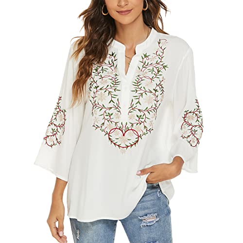 Ak Embroidered Tops For Women 3/4 Sleeve Bohemian Mexican Floral Peasant Shirts Loose Tunic Blouses (S, 380-White) #TOP1