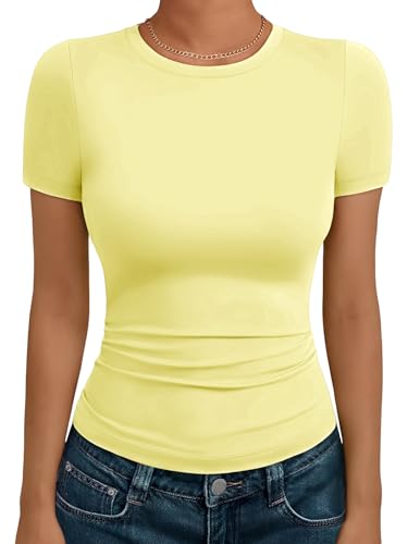 Cuptacc T Shirt Damen Basic Round Neck Kurzarm Oberteile Slim Fit Komfort Luftig Modal Tshirt Elegant Lässige Dehnbar Einfarbig Top Gelb L