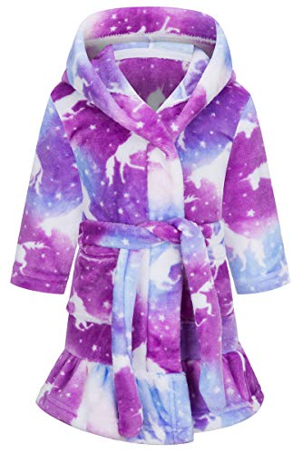 Girl's Flannel Robes, Soft Hoodie Ruffle Hem Flannel Sleepwear Cosplay Bath Robe with Belt for Girl, Purple Galaxy, 2T = Tag 90