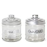 azucar salsa y cultura  Set de 2 botes uno para sal y otro para azúcar , Bote cristal Calero y azucarero transparente, torro cristal, recipiente vidrio 280 ml, con tapa de aluminio, 10,5 x 8,3 cm.
