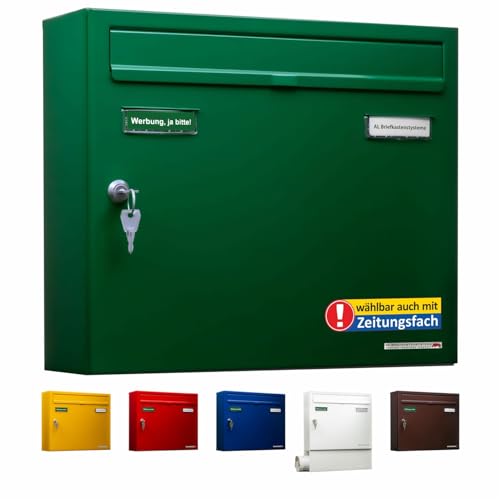 AL Briefkasten Systeme Basic 1er Briefkasten in RAL 6005 Moos Grün 1 Fach DIN A4 Postkasten wetterfest wasserdicht rostfrei Briefkastenanlage mit Posthaltebügel und 2 Namensschildern