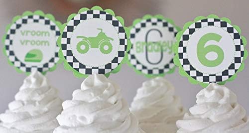 12 - Lime Green & Black Checkered Flag ATV 4-Wheeler Wheel Off Road Happy Birthday Cupcake Toppers - Party Packages, Favor Tags, Banners, Door Signs Available