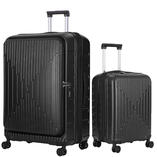 Image of Kaleenie 2 Pieces 20 /29 Luggage Sets, 20 Inch Cabin Luggage with Front Pocket & 29 Inch Side Opening Suitcase, Ligthweight ABS+PC Hardshell, TSA Lock with HINOMOTO 360 Wheels, Black