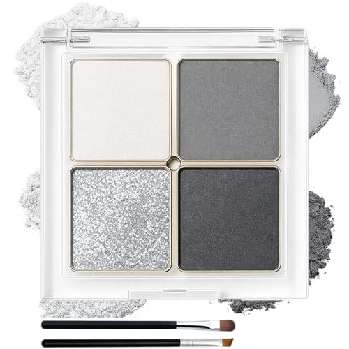 Silver-Grey 4-Color Matte & Shimmer Eyeshadow Palette with Glitter Topper + 2 Brushes - Long-Lasting, Waterproof Compact Eye Makeup for Smoky & Aurora Looks - Travel-Size Quad (Grey)
