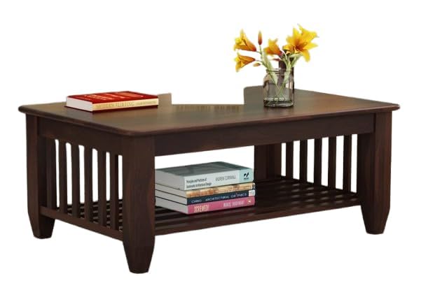 Image of Solid Wood Center Table for Living Room | Sheesham Wood Coffee Table with Storage Shelf | Wooden Tea Table Furniture for Home (Walnut Finish)