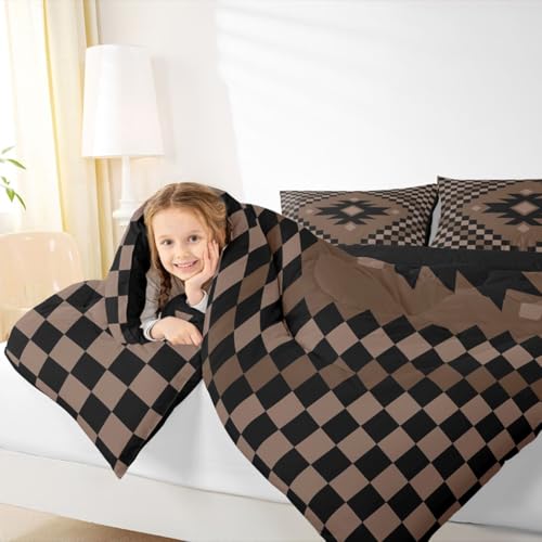 Image of Feelyou Aztec Comforter Set Full Size Brown Black Checkered Bedding Set for Kids Boys Girls Boho Western Decor Duvet Quilt Farmhouse Bedroom Decor Microfiber 3 Pcs with 2 Pillow Cases