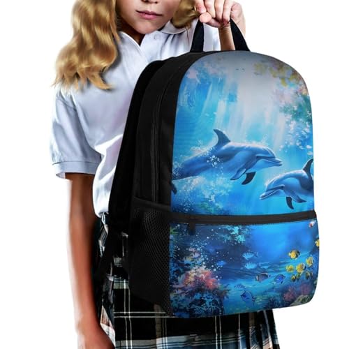 School Backpack for Kids Girls 8th Grade 17 Inch Middle Elementary School Bookbag for Teens Children Kawaii Backpacks with Zipper Front Pocket Fish&Dolphin Print3