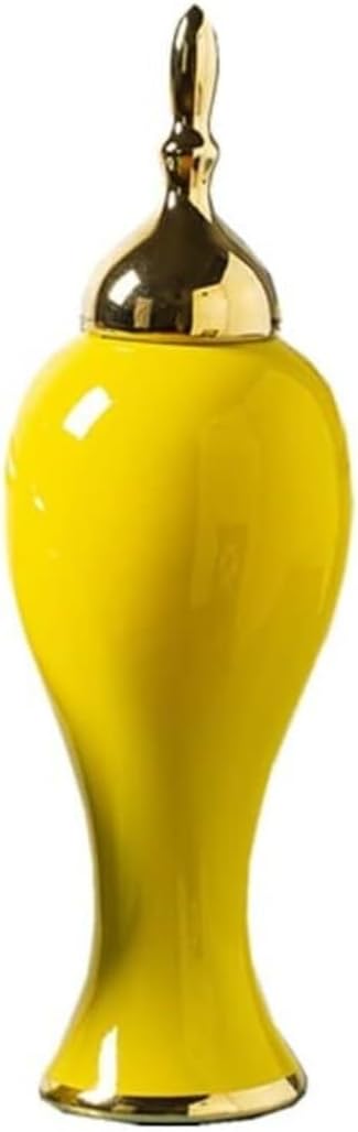 Food Storage Jar,Decorative Jar Ginger Jar Vase Decor Ceramic Ginger Jar Vases with Gold Trim Yellow Porcelain Storage Jar Vase Temple Jars with Lid Ginger Jars Storage,A-15 * 45