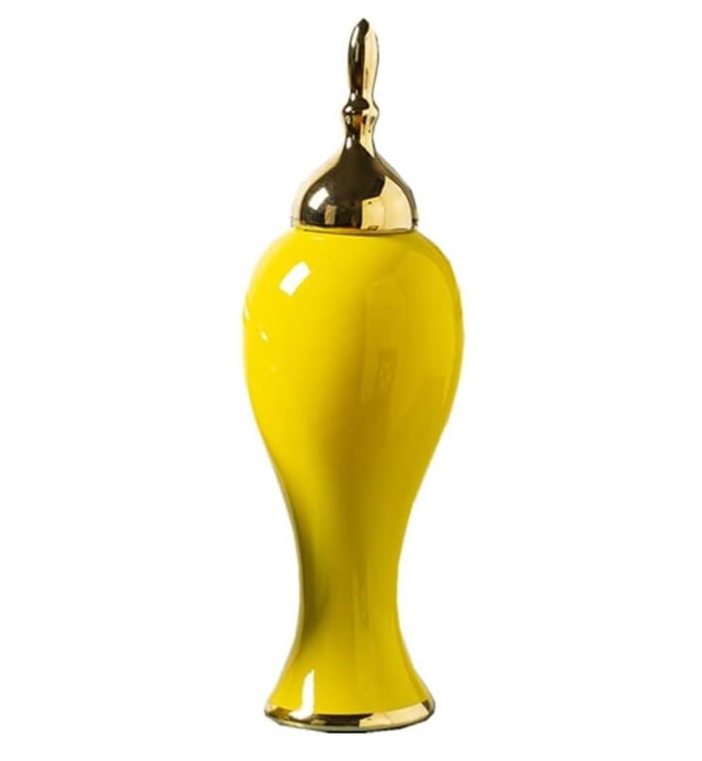 Dekoracyjny słoik na imbir, ceramiczny wazon na imbir ze złotymi wykończeniami, żółty porcelanowy słoik do przechowywania, wazon, słoiki na imbir z pokrywką, słoik do przechowywania (A 15 * 45)