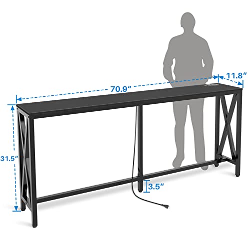 Image of Aquzee Console Table with 2 Power Outlet and 2 USB Ports, 70.9 inch L x 11.8 inch W x 31.5 inch H Steel Frame Narrow Behind Couch Sofa Table, Extra Long Black Entryway Table