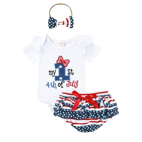 Kuriozud My First 4th of July Outfit Baby Girl USA Romper Onesie Bodysuit +Ruffle Tutu Shorts Bloomer 1st Fourth of July Clothes (My 1st 4th of July, 6-9 Months)