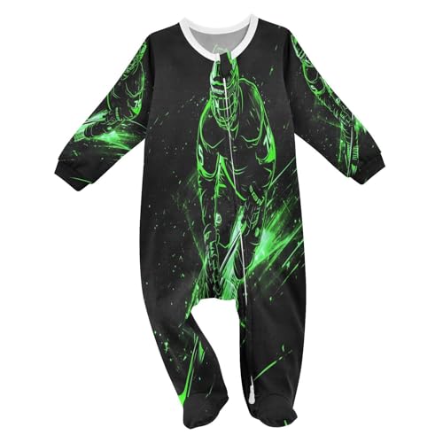 Dussdil Green Sport Ice Hockey Player Baby One-Piece Footies Newborn Rompers Pajamas Cotton Footed Pjs for Sleep Play Boys Girls 9M
