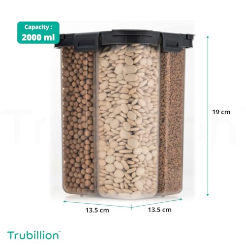 Image of SplitBox 4-Section Kitchen Food Storage Container,2000ml BPA-Free Transparent,Black Lid,Removable Divider,Freezer Safe,Stackable Space,Saving Design,For Pulses,Snacks,Dry Fruits (Black)