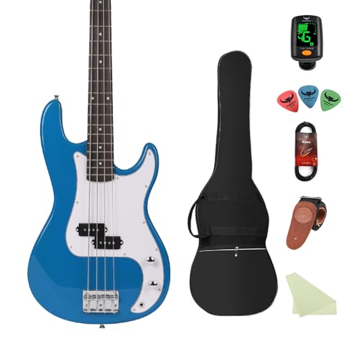 Electric Bass Guitar 4 Strings Full-Size Standard Bass PB-Style Beginner Kit Black for Starter with Gig Bag Guitar Strap and Guitar Cable, MS-FD (blue)
