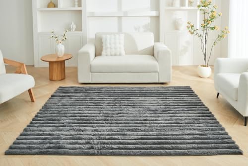Image of BLOOM BLENDS Faux Fur Shaggy Area Rug, Soft Plush Striped Non Slip Carpet for Living Room, Bedroom & Lounge, Thick Fluffy Modern Floor Rug (Charcoal, 120 x 170cm)