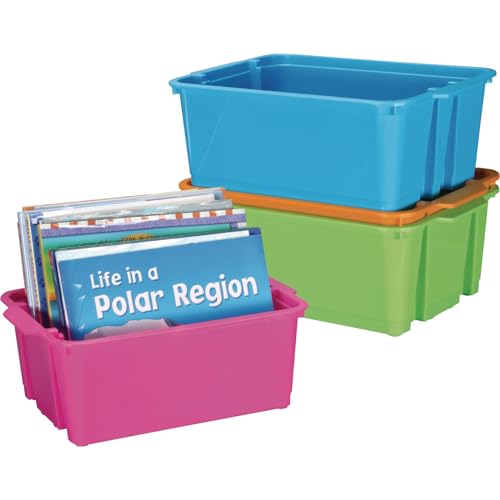 Image of Really Good Stuff Stackable Plastic Book and Organizer Bins for Classroom or Home Use - Sturdy Plastic Baskets in Fun Neon Colors (Set of 4)