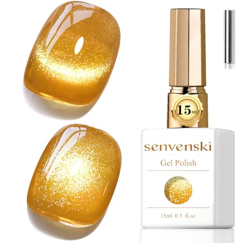 Senvenski Gelatina Vidrio ojo de gato Esmaltes Semipermanentes Para uñas 15ML Magnético Cat Eye Galaxias Holográfica Brillante Transparente Color Esmaltes de gel de uñas (Amarillo dorado, MY1-020)