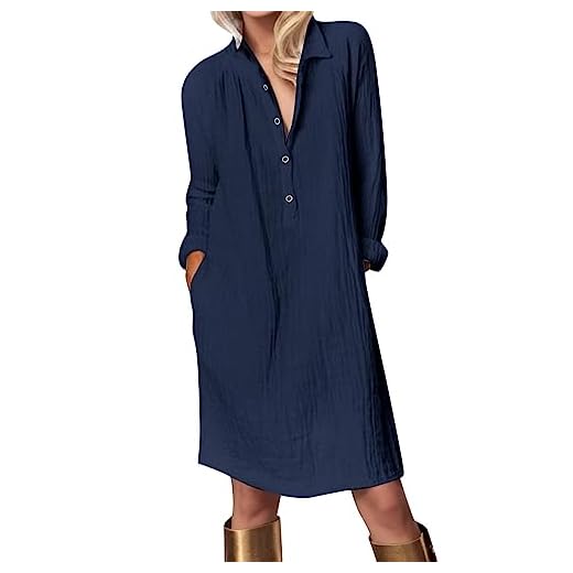 Damen Lange Leinenkleid Langarm mit Knopfleiste Kurzarm V-Ausschnitt Sommerkleid Knielang Leinenkleider Baumwolle Leinen Freizeitkleid Strandkleider Boho Kleid A-Linie, Blau, XXL