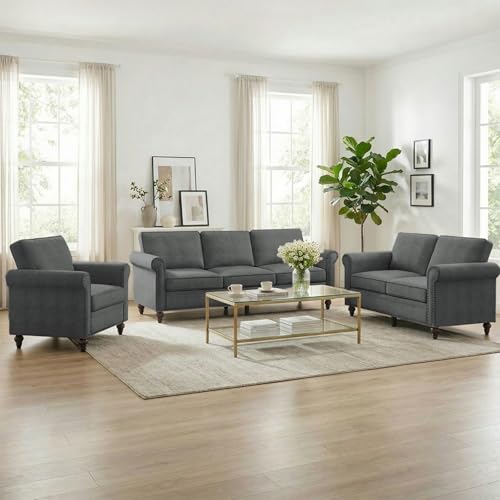 Image of ijuicy 3 Pcs Sectional Sofa Set,Modern Linen Upholstered Couch-Dark Gray | with 5 inch Thick Cushion & Nailhead Trim, Living Room Furniture (Armchair, Loveseat, 3 Seat Sofa,