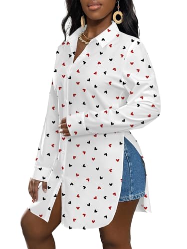 Image of LYANER Women's Collar Neck Long Sleeve Button Down Shirts Sexy Split Hem Tops Long Blouse Shirt Dress