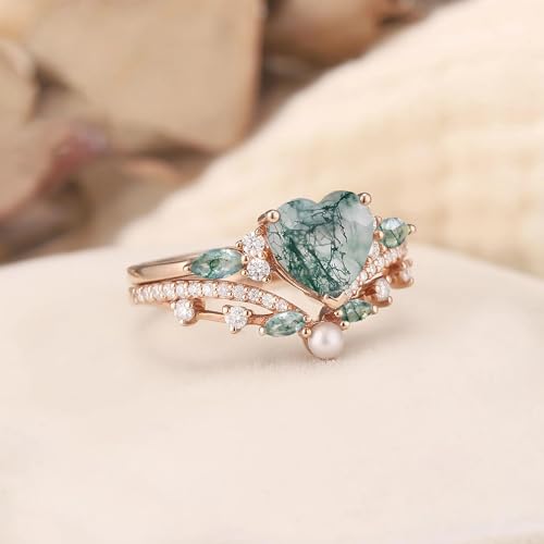 High-grade Vintage Moss Agate Engagement Ring Set Custom Inspired Art Deco Green Agate Sterling Silver 10K/14K/18K Gold Wedding Rings for Women Available in Yellow/Rose/Black/White Gold3