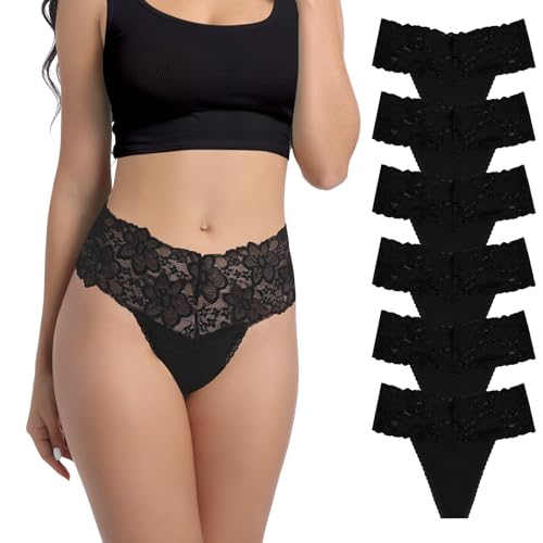 Deigecil High Waist Black Lace Thongs For Women Wide Gusset Underwear Plus Size Knickers High Rise Panties Cotton Thong For Women Size M Pack of 6