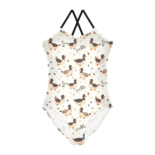 senya Girls Swimsuits One-Piece Swimwear Tie Bathing Suit Beach Summer Round Neck 7-8T Duck Leaves Pattern