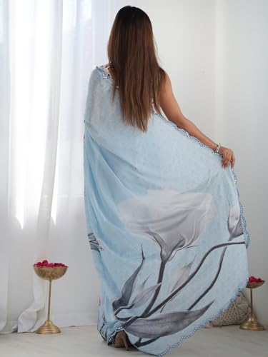 Image of Panzora Women's Chinon Printed Saree With Unstitched Blouse Piece