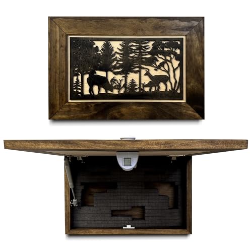 Bellewood Designs Deer Scene Hidden Gun Safe - Handcrafted Hidden Gun Storage Wall Decor - Gun Concealment Shelf with Magnetic Lock for Quick Access - Wood Gun Cabinet - Made in USA